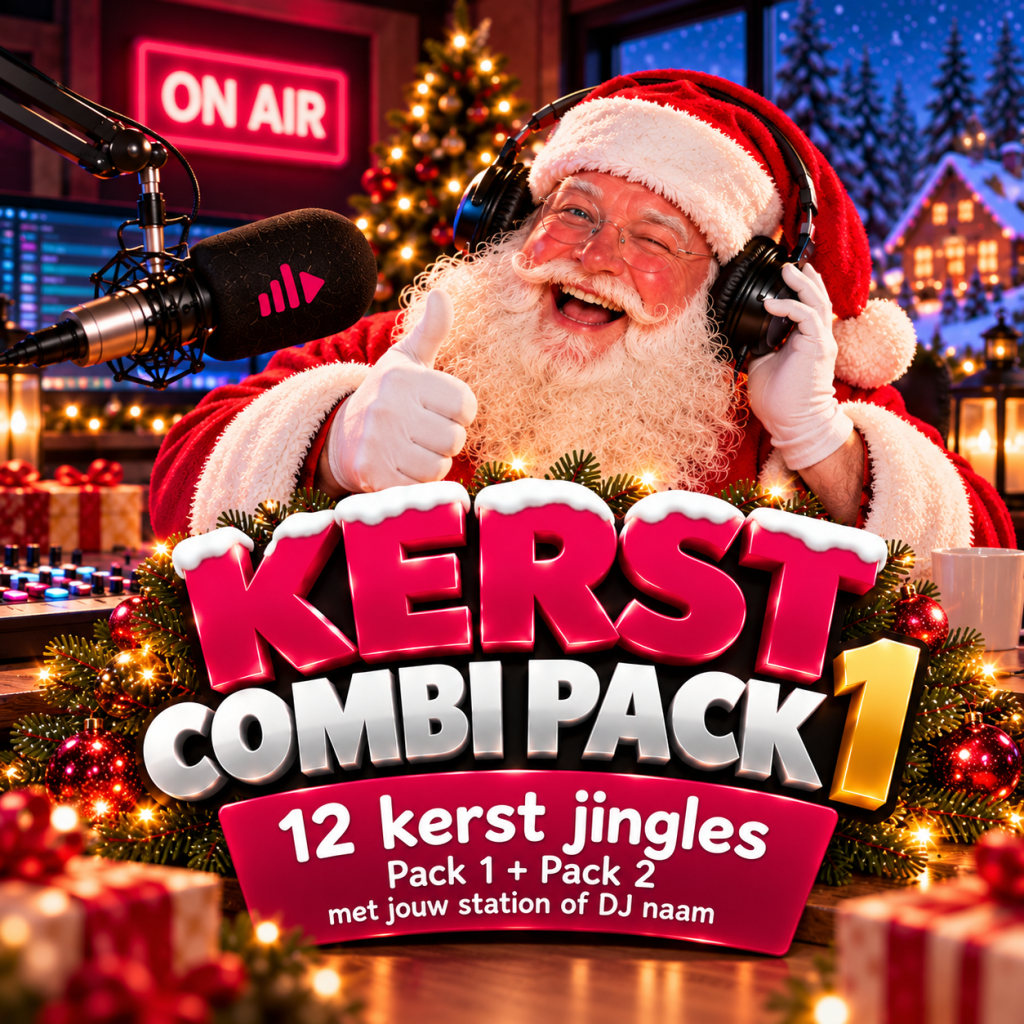 Kerst Combi Pack 1 met 12 kerstjingles en eigen stationsnaam of DJ-naam, met de Kerstman in een feestelijke radiostudio.