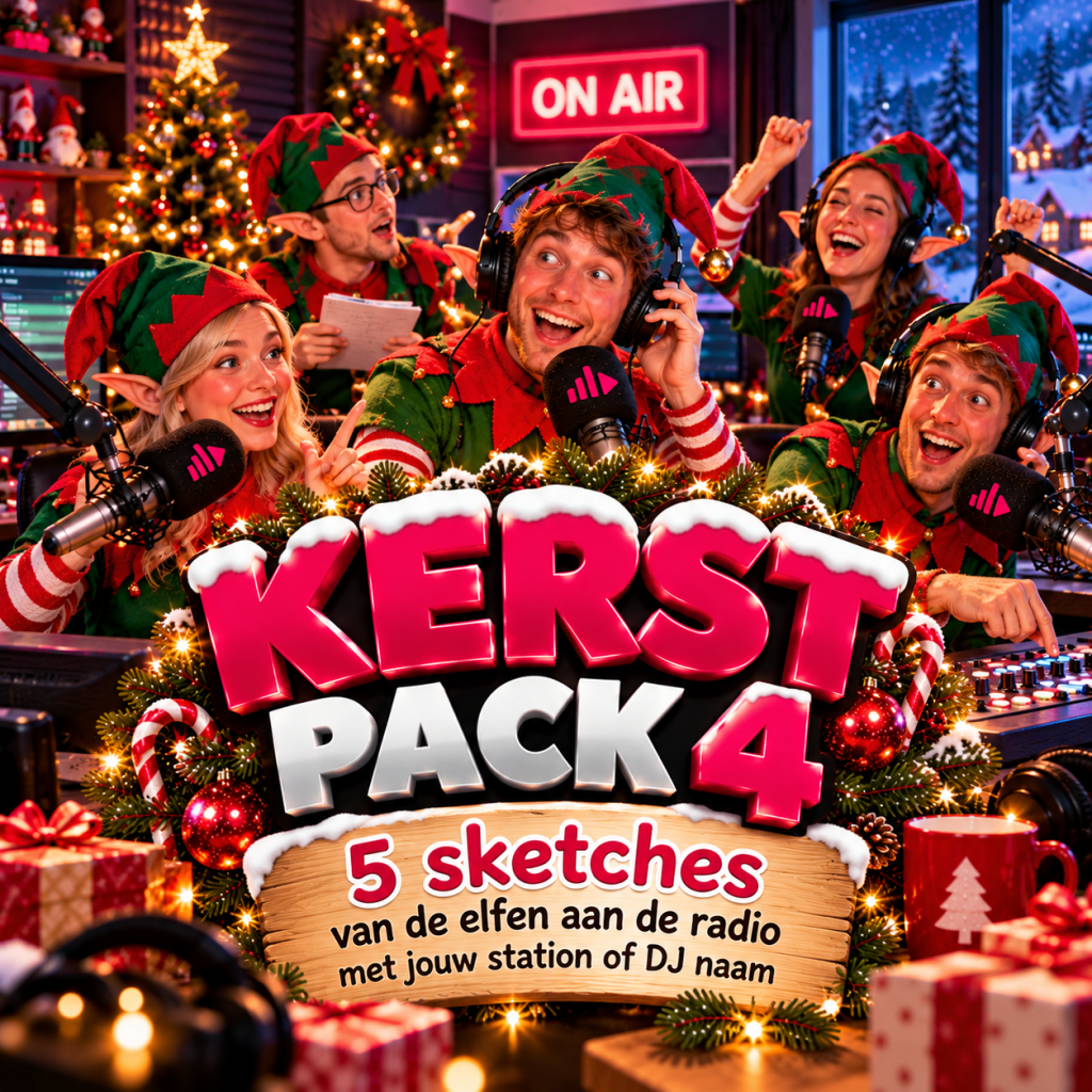 Kerst Pack 4 met 5 vrolijke kerstelfen sketches voor de radio, inclusief eigen stationsnaam of DJ-naam.