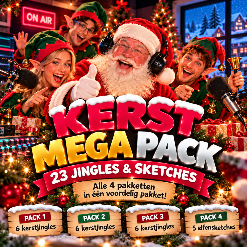 erst Mega Pack met 18 kerstjingles en 5 elfensketches, inclusief eigen stationsnaam of DJ-naam.