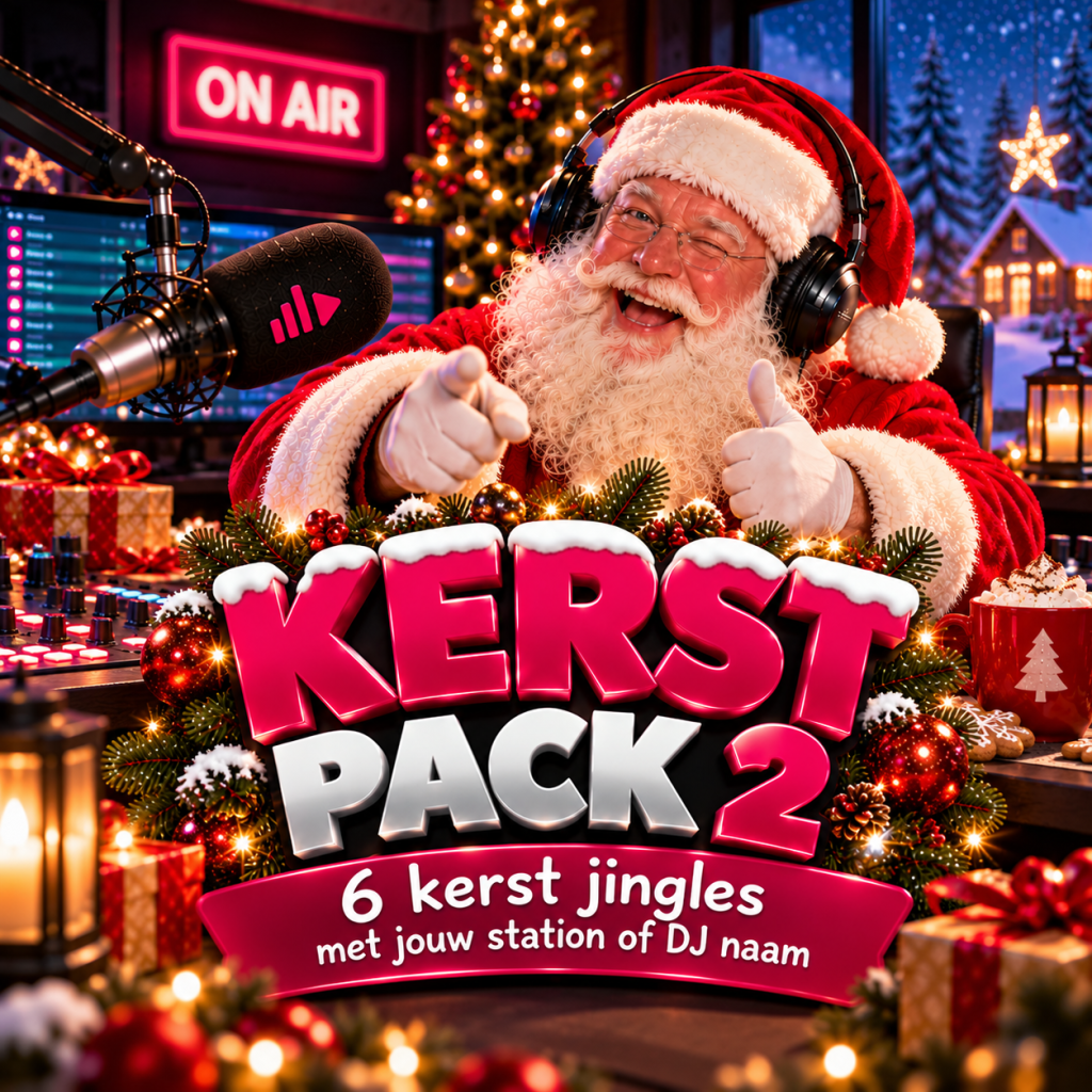 Kerst Pack 2 met 6 radiojingles en eigen stationsnaam of DJ-naam, met de Kerstman in een radiostudio.
