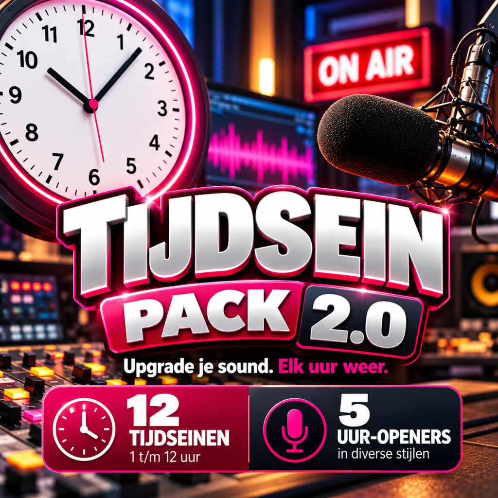 Tijdsein Pack 2.0 – 17 radiojingles met 12 tijdseinen en 5 uuropeners met eigen stationsnaam