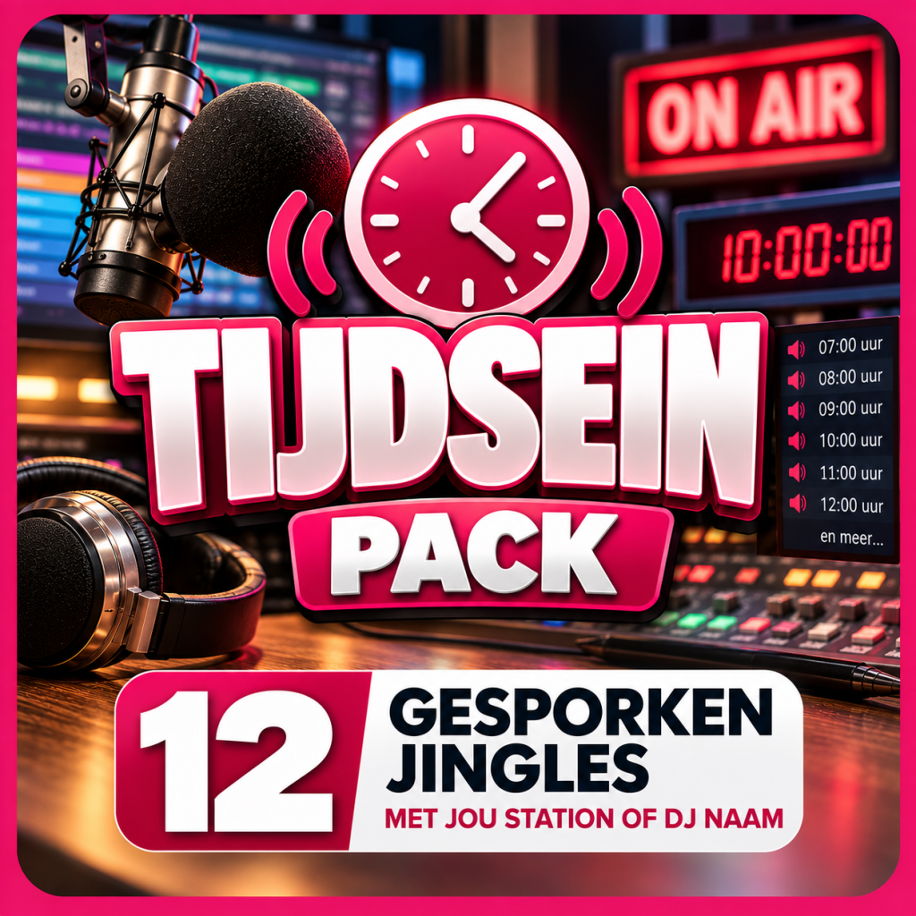 Tijdsein Pack – 12 gesproken tijdsein jingles met eigen stationsnaam of DJ-naam