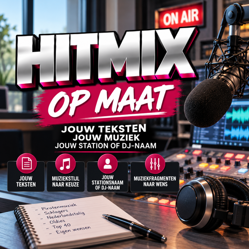 Hitmix op Maat met eigen teksten, muziekfragmenten en stationsnaam of DJ-naam
